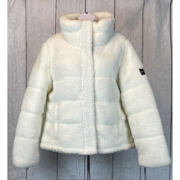NWT Calvin Klein Women's Large Faux Fur Sherpa Coat White Zip Up - Picture 1 of 13